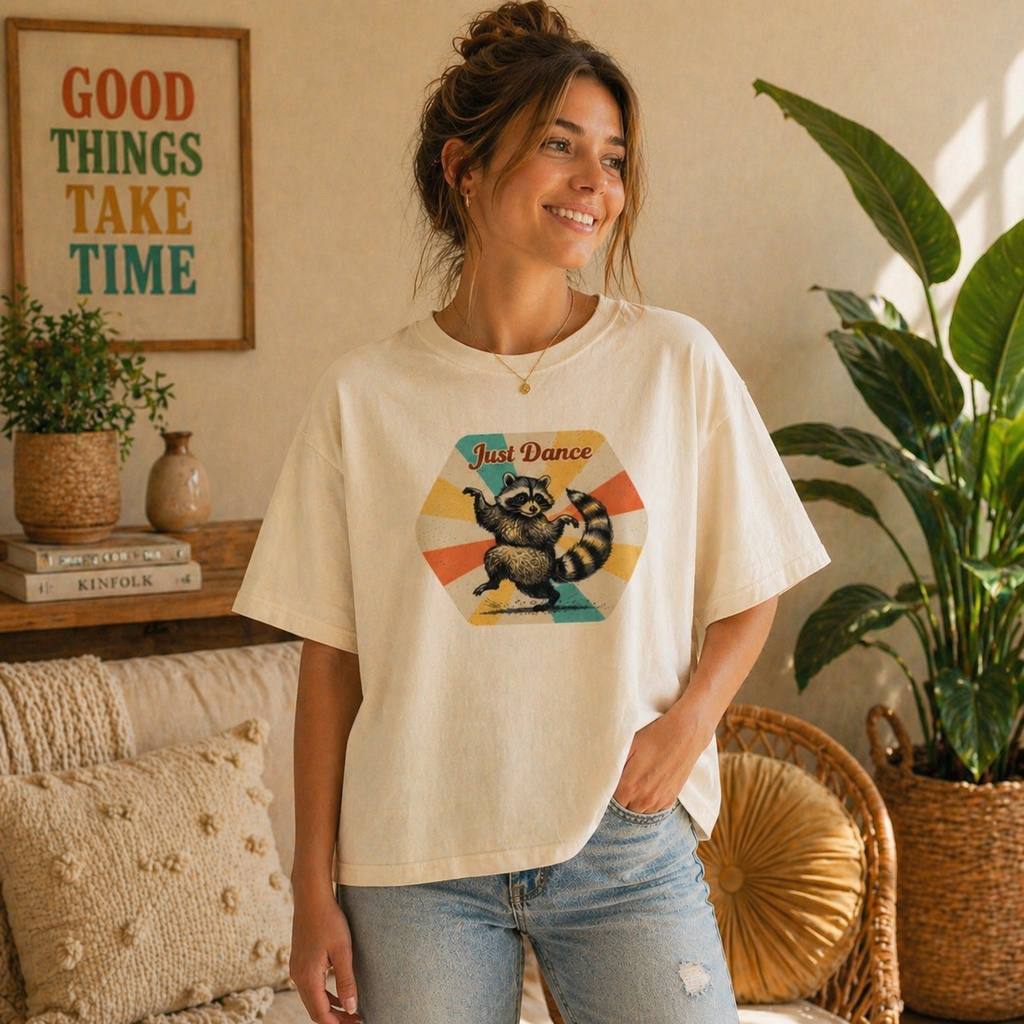 Just Dance Raccoon Graphic Tee – Vintage Aesthetic Animal Boxy Tee