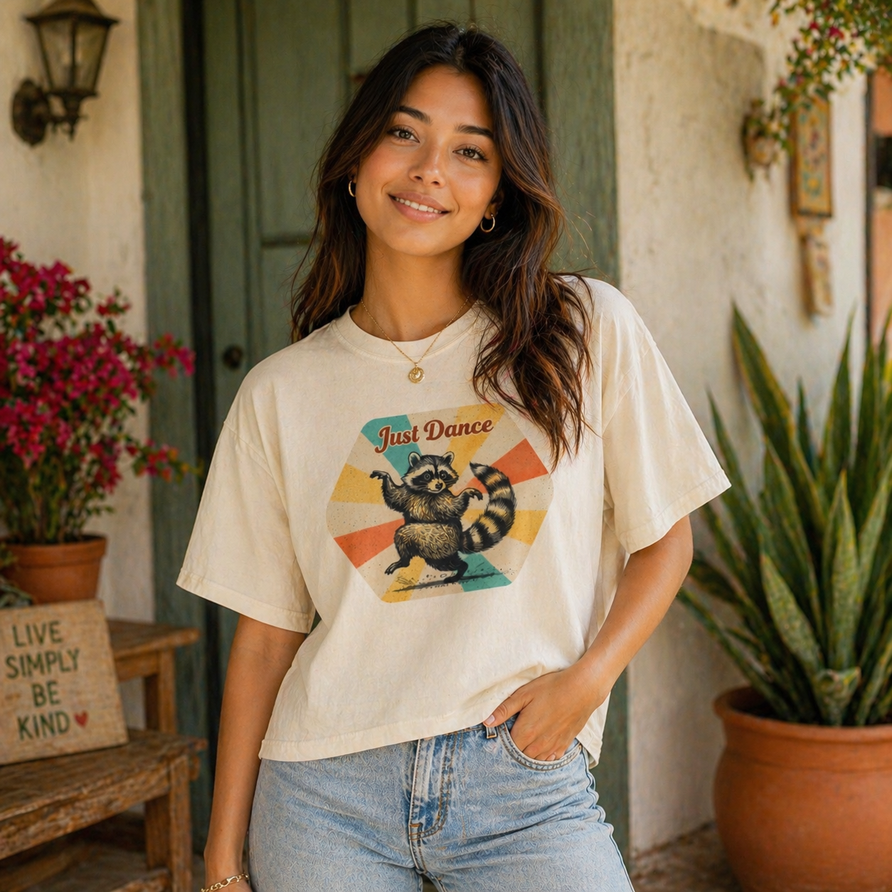 Just Dance Raccoon Graphic Tee – Vintage Aesthetic Animal Boxy Tee
