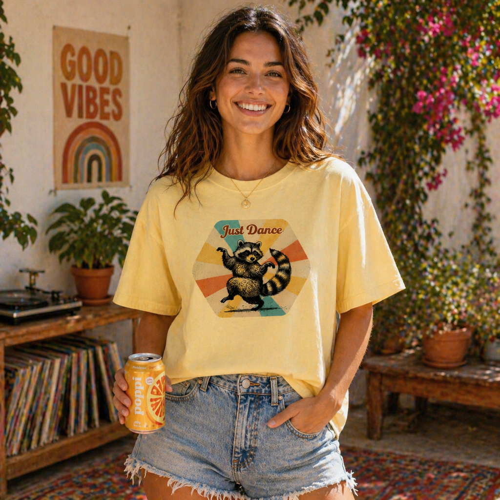Just Dance Raccoon Graphic Tee – Vintage Aesthetic Animal Boxy Tee