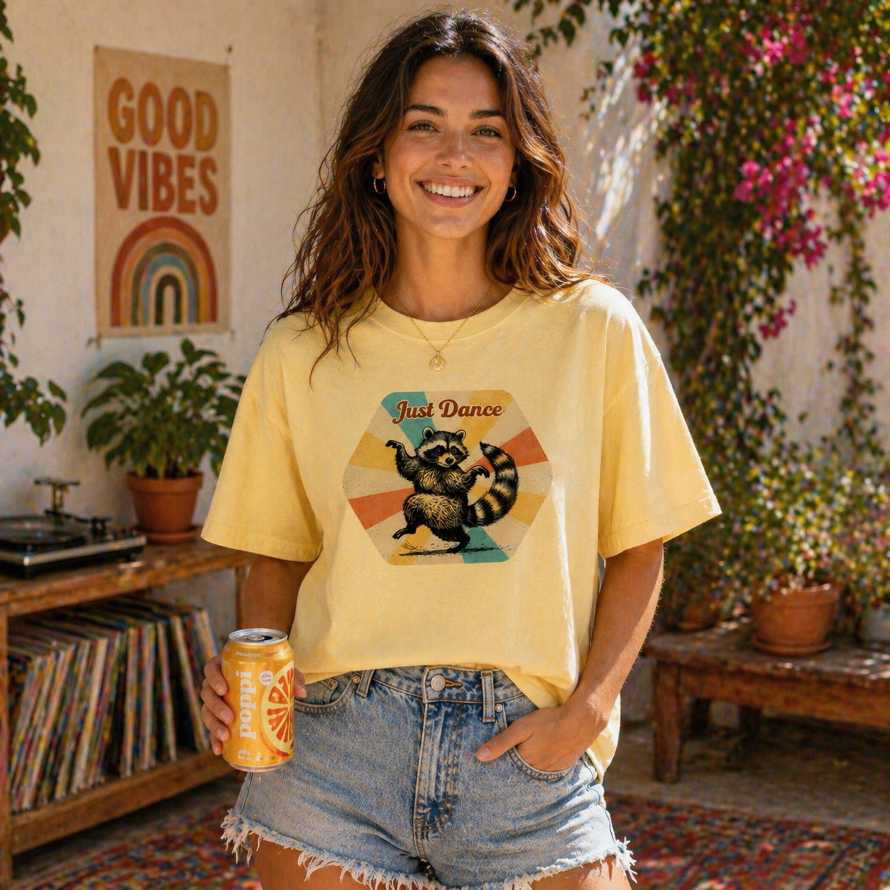 Just Dance Raccoon Graphic Tee – Vintage Aesthetic Animal Boxy Tee