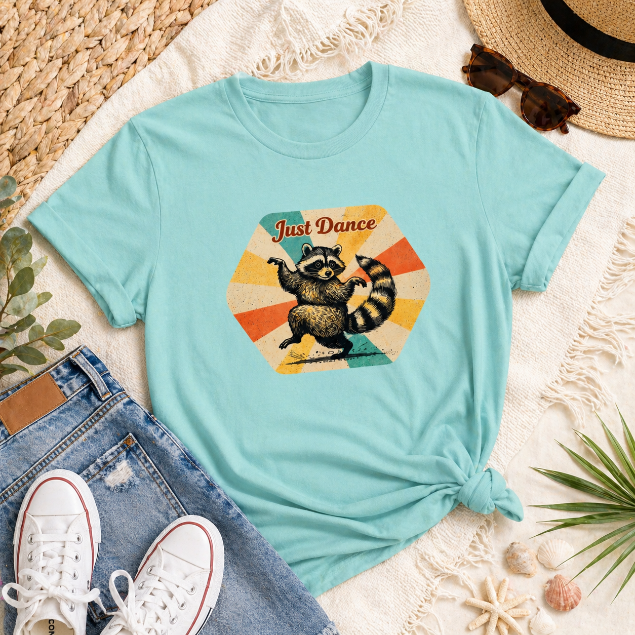 Just Dance Raccoon Graphic Tee – Vintage Aesthetic Animal Boxy Tee