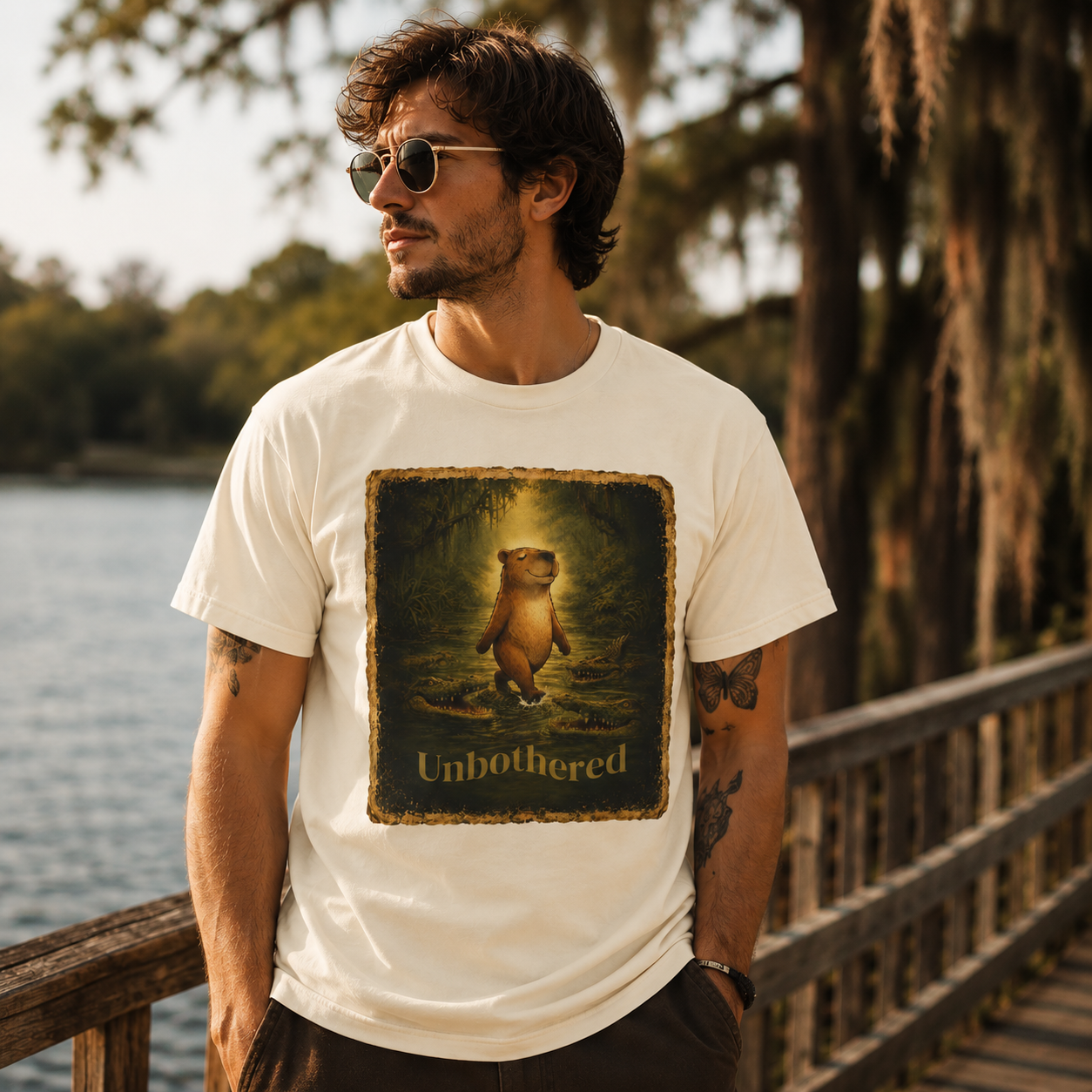 Vintage-style unisex t-shirt featuring a calm capybara walking peacefully through swamp water surrounded by crocodiles with the text “Unbothered” in an earthy zen aesthetic design.