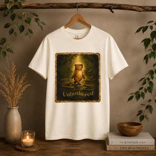 Vintage-style unisex t-shirt featuring a calm capybara walking peacefully through swamp water surrounded by crocodiles with the text “Unbothered” in an earthy zen aesthetic design.
