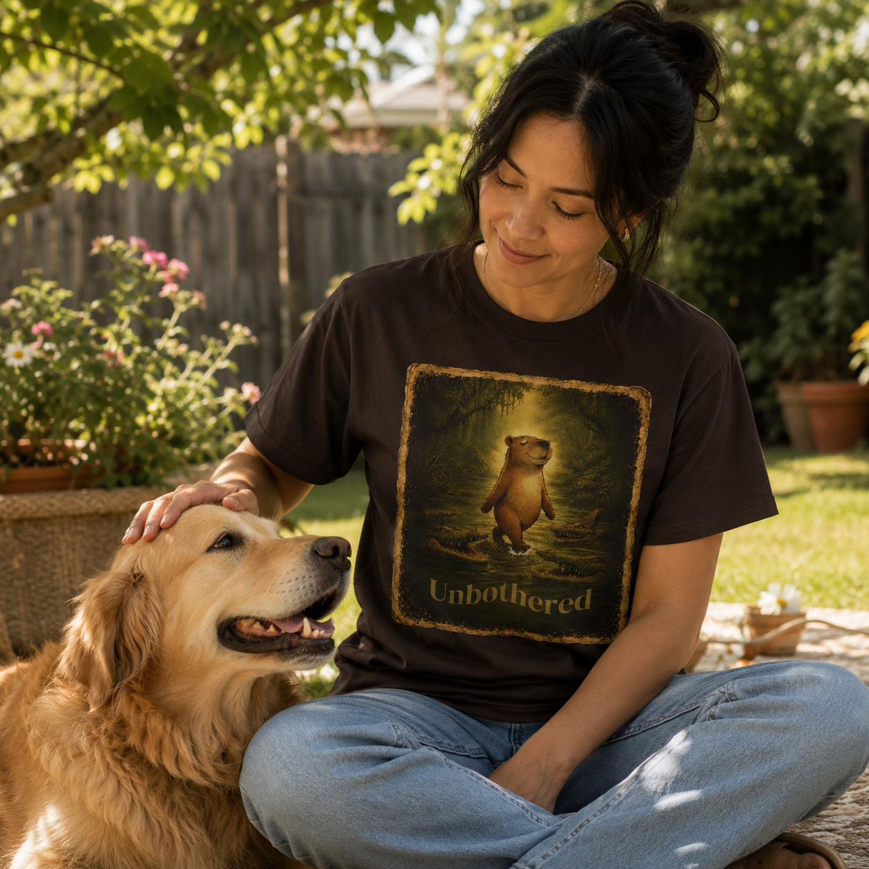 Vintage-style unisex t-shirt featuring a calm capybara walking peacefully through swamp water surrounded by crocodiles with the text “Unbothered” in an earthy zen aesthetic design.