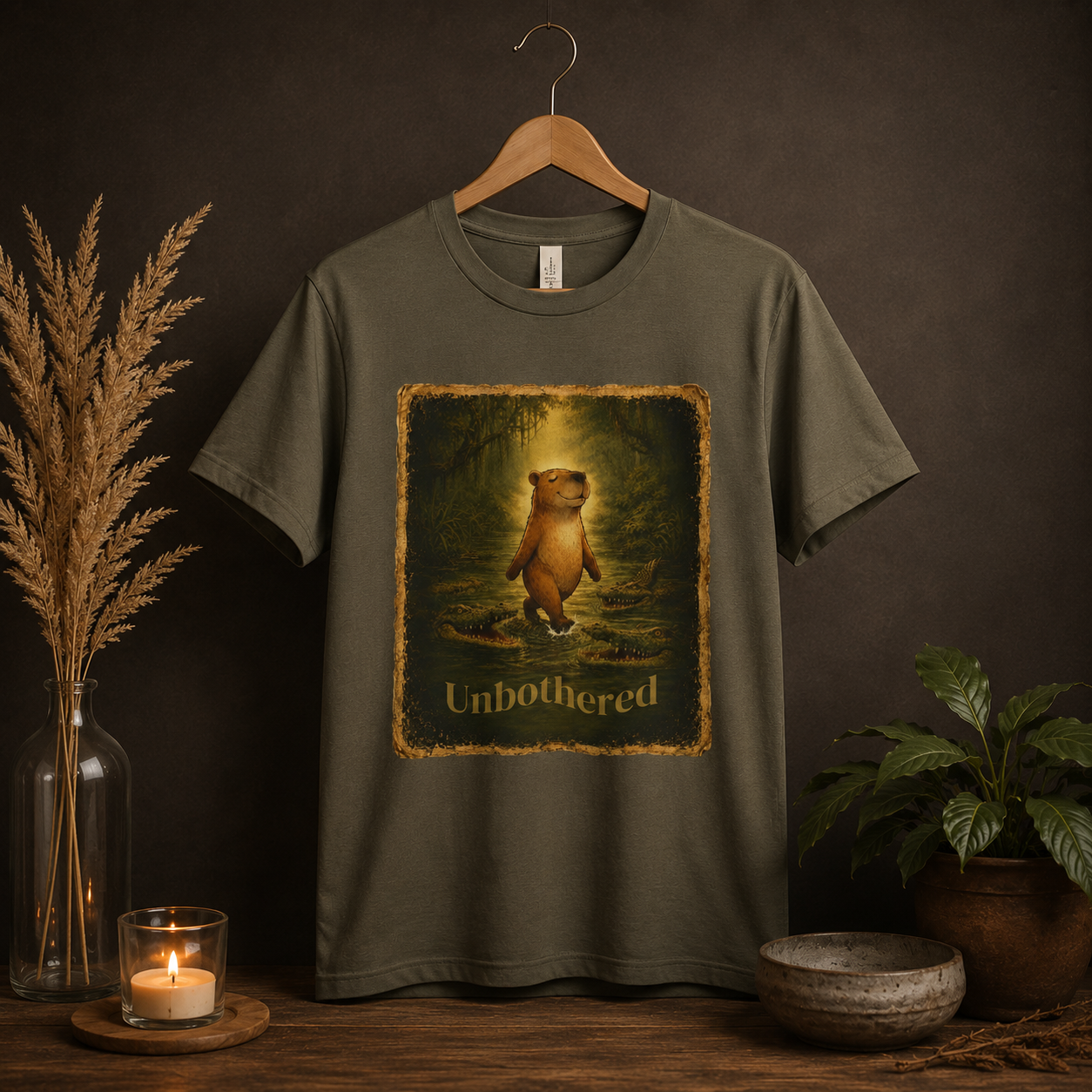 Vintage-style unisex t-shirt featuring a calm capybara walking peacefully through swamp water surrounded by crocodiles with the text “Unbothered” in an earthy zen aesthetic design.