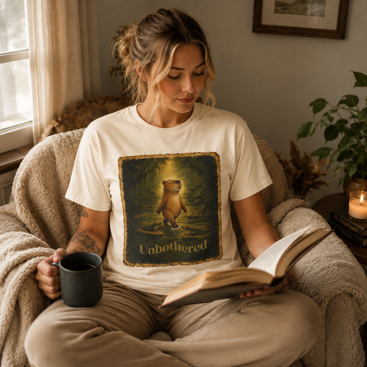 Vintage-style unisex t-shirt featuring a calm capybara walking peacefully through swamp water surrounded by crocodiles with the text “Unbothered” in an earthy zen aesthetic design.