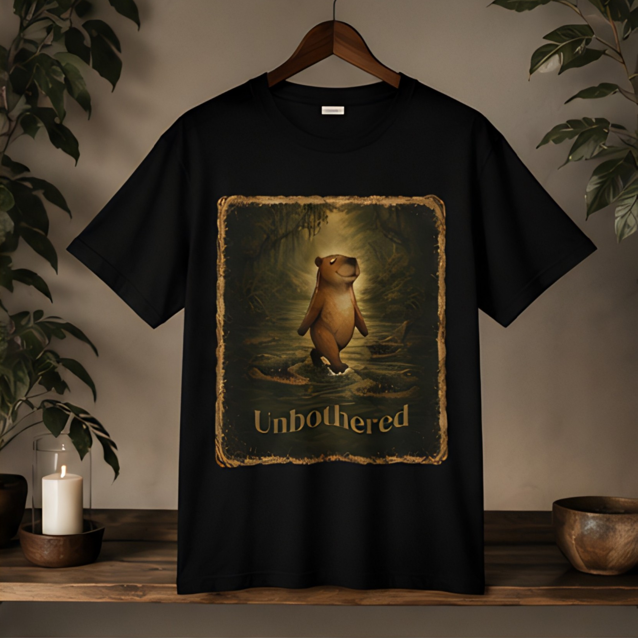 Vintage-style unisex t-shirt featuring a calm capybara walking peacefully through swamp water surrounded by crocodiles with the text “Unbothered” in an earthy zen aesthetic design.