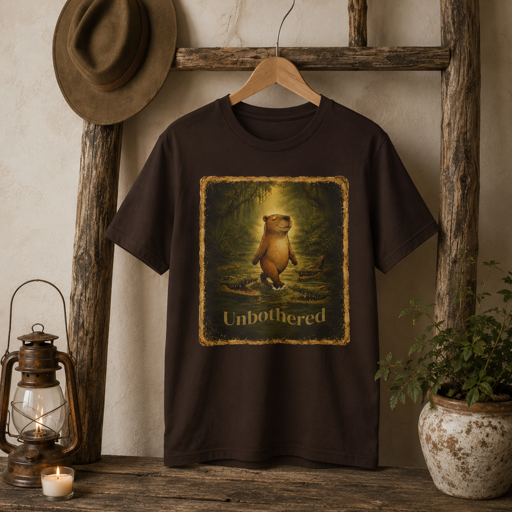 Vintage-style unisex t-shirt featuring a calm capybara walking peacefully through swamp water surrounded by crocodiles with the text “Unbothered” in an earthy zen aesthetic design.