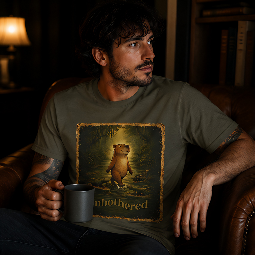 Vintage-style unisex t-shirt featuring a calm capybara walking peacefully through swamp water surrounded by crocodiles with the text “Unbothered” in an earthy zen aesthetic design.