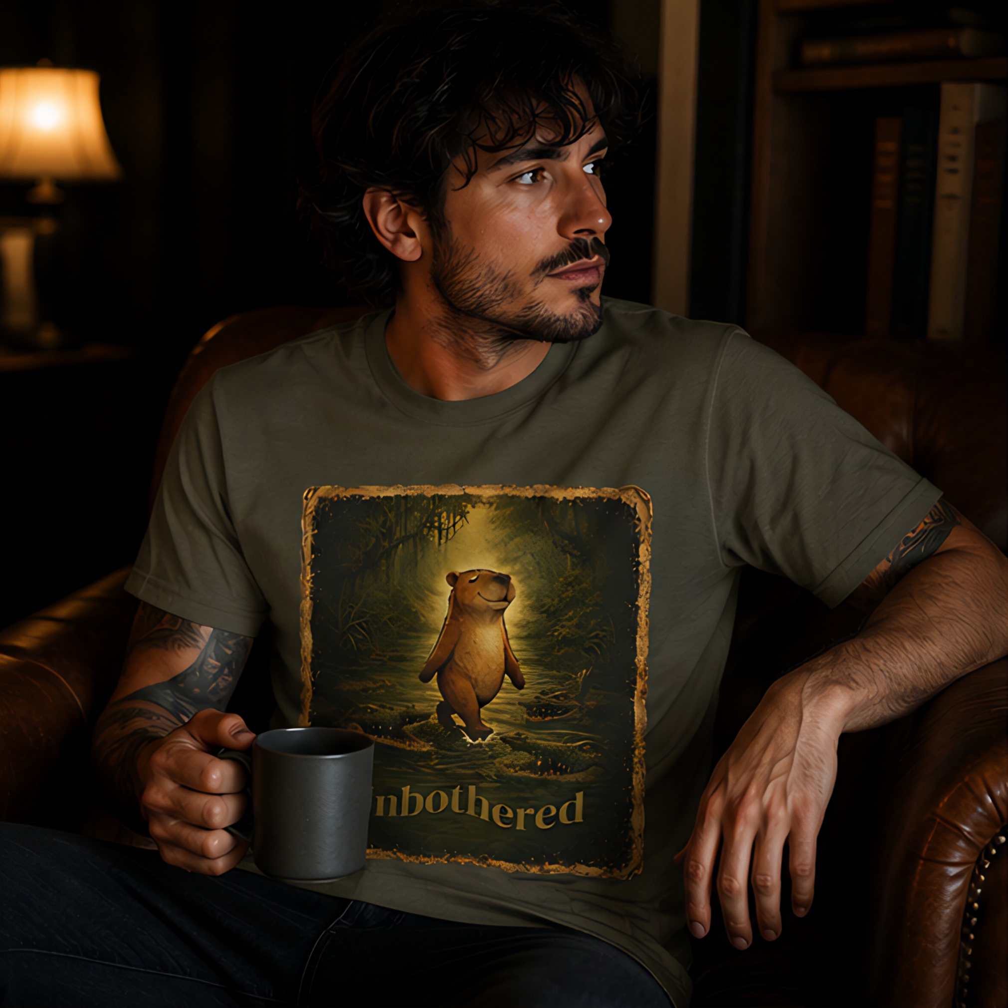 Vintage-style unisex t-shirt featuring a calm capybara walking peacefully through swamp water surrounded by crocodiles with the text “Unbothered” in an earthy zen aesthetic design.