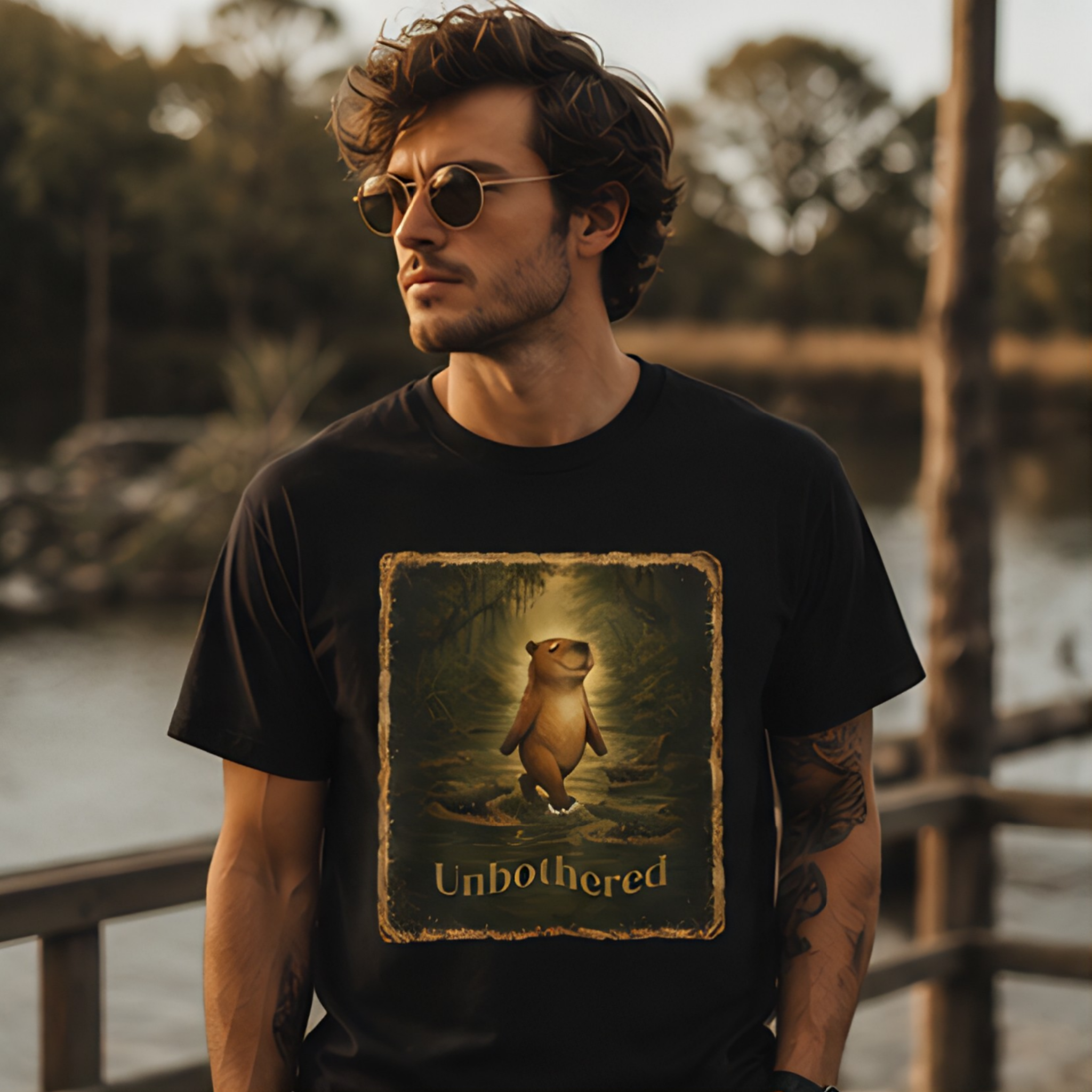 Vintage-style unisex t-shirt featuring a calm capybara walking peacefully through swamp water surrounded by crocodiles with the text “Unbothered” in an earthy zen aesthetic design.