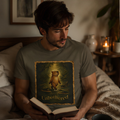 Vintage-style unisex t-shirt featuring a calm capybara walking peacefully through swamp water surrounded by crocodiles with the text “Unbothered” in an earthy zen aesthetic design.