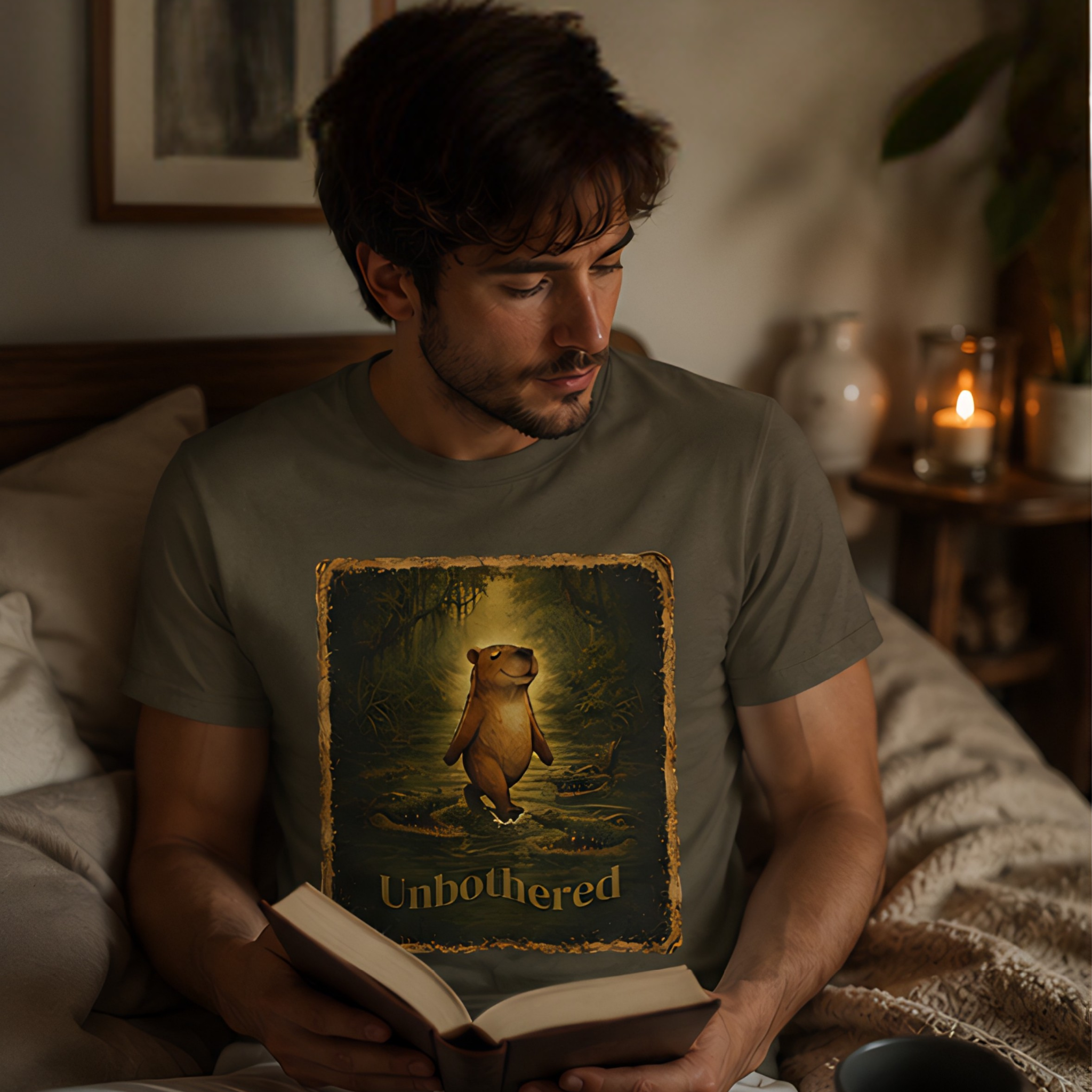 Vintage-style unisex t-shirt featuring a calm capybara walking peacefully through swamp water surrounded by crocodiles with the text “Unbothered” in an earthy zen aesthetic design.