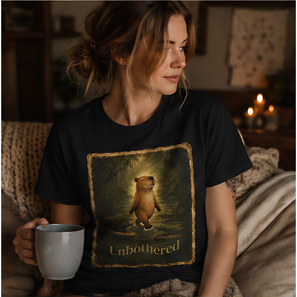 Vintage-style unisex t-shirt featuring a calm capybara walking peacefully through swamp water surrounded by crocodiles with the text “Unbothered” in an earthy zen aesthetic design.