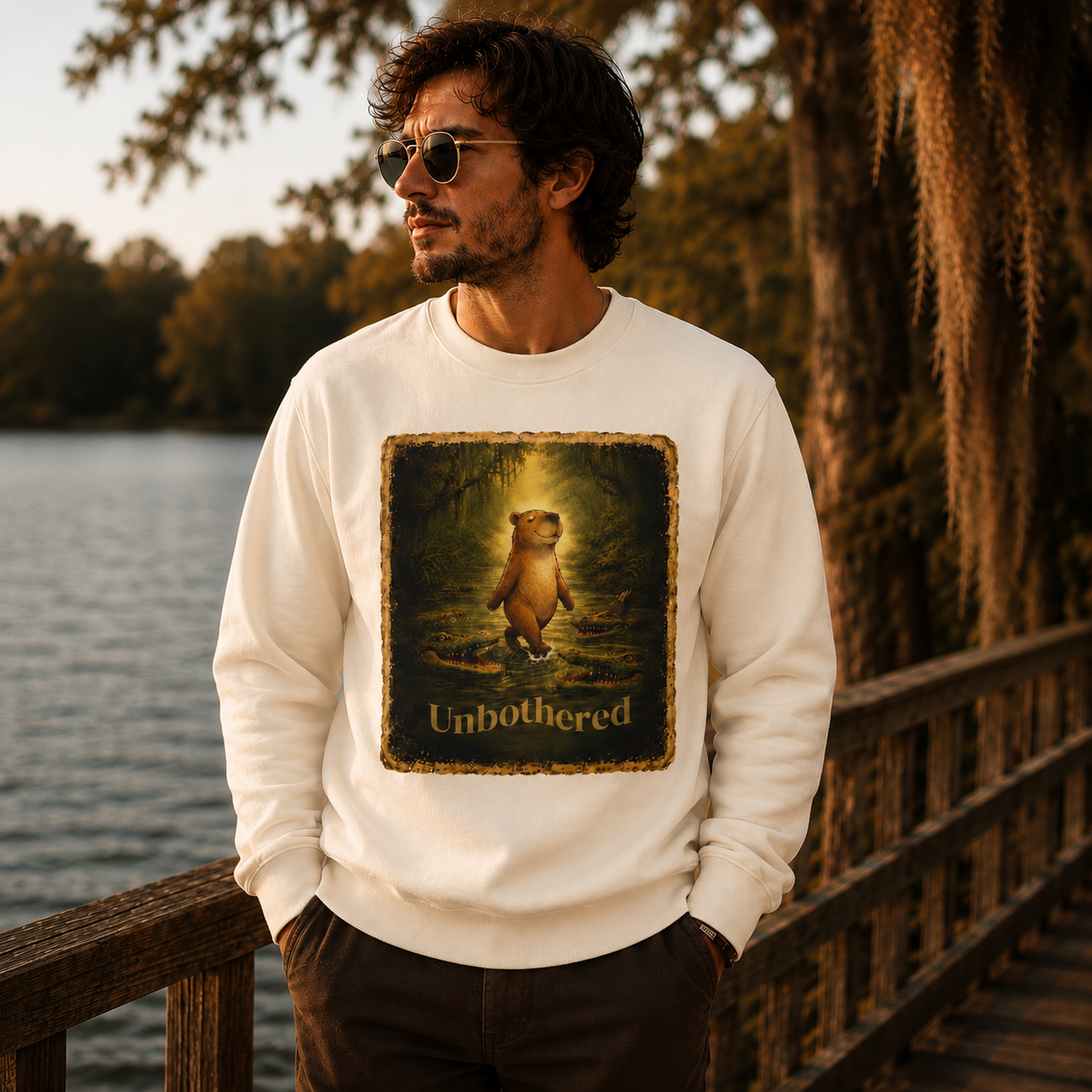 Cozy unisex sweatshirt featuring a vintage-style ‘Unbothered’ graphic of a calm capybara walking through swamp water surrounded by alligators. Relaxed fit pullover with soft fleece feel, available in earthy neutral colors for a cozy cottagecore and outdoors-inspired aesthetic.