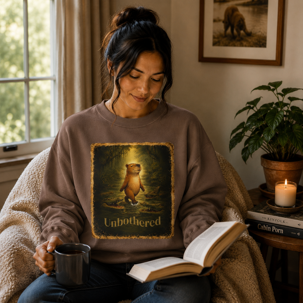 Cozy unisex sweatshirt featuring a vintage-style ‘Unbothered’ graphic of a calm capybara walking through swamp water surrounded by alligators. Relaxed fit pullover with soft fleece feel, available in earthy neutral colors for a cozy cottagecore and outdoors-inspired aesthetic.