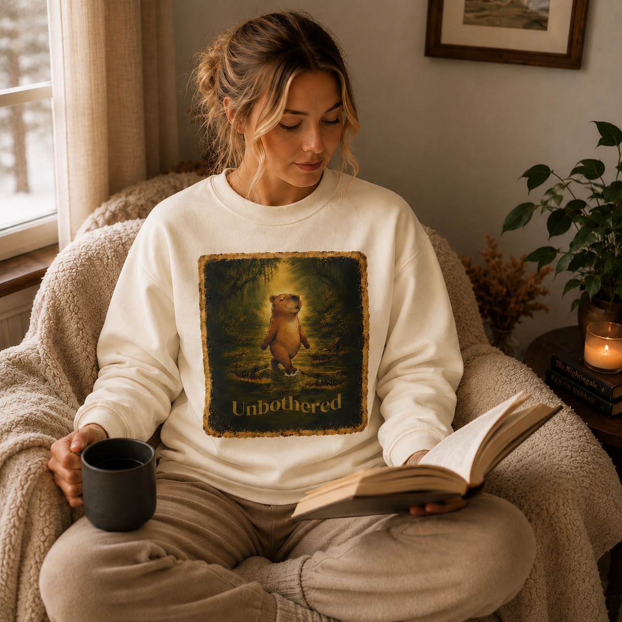 Cozy unisex sweatshirt featuring a vintage-style ‘Unbothered’ graphic of a calm capybara walking through swamp water surrounded by alligators. Relaxed fit pullover with soft fleece feel, available in earthy neutral colors for a cozy cottagecore and outdoors-inspired aesthetic.