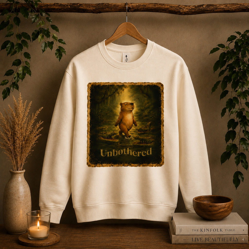 Cozy unisex sweatshirt featuring a vintage-style ‘Unbothered’ graphic of a calm capybara walking through swamp water surrounded by alligators. Relaxed fit pullover with soft fleece feel, available in earthy neutral colors for a cozy cottagecore and outdoors-inspired aesthetic.