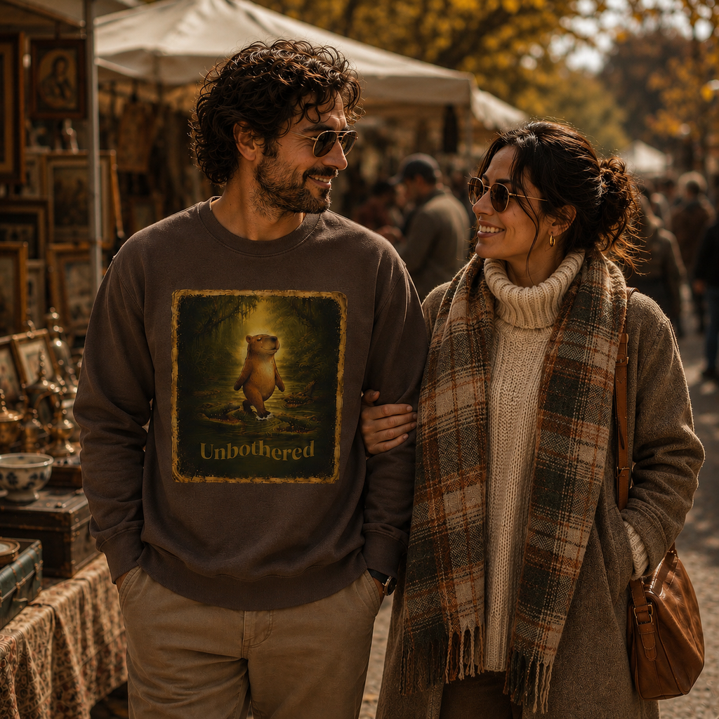 Cozy unisex sweatshirt featuring a vintage-style ‘Unbothered’ graphic of a calm capybara walking through swamp water surrounded by alligators. Relaxed fit pullover with soft fleece feel, available in earthy neutral colors for a cozy cottagecore and outdoors-inspired aesthetic.