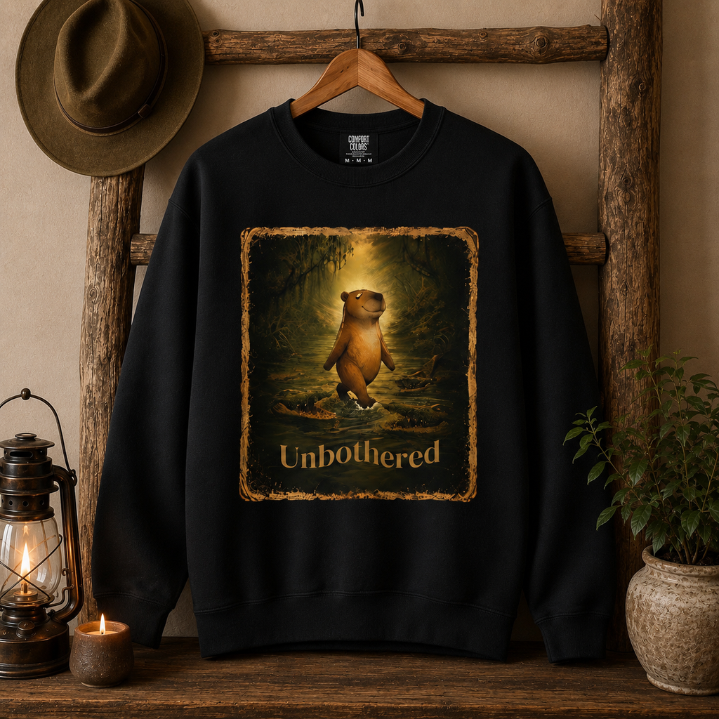 Cozy unisex sweatshirt featuring a vintage-style ‘Unbothered’ graphic of a calm capybara walking through swamp water surrounded by alligators. Relaxed fit pullover with soft fleece feel, available in earthy neutral colors for a cozy cottagecore and outdoors-inspired aesthetic.