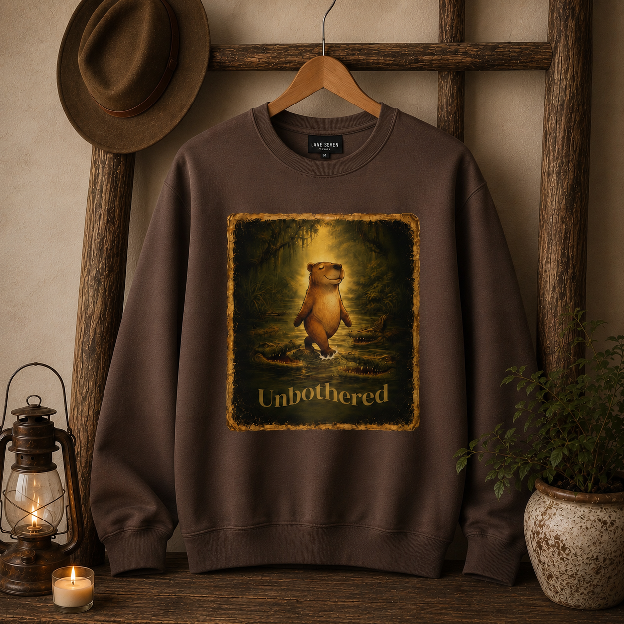 Cozy unisex sweatshirt featuring a vintage-style ‘Unbothered’ graphic of a calm capybara walking through swamp water surrounded by alligators. Relaxed fit pullover with soft fleece feel, available in earthy neutral colors for a cozy cottagecore and outdoors-inspired aesthetic.