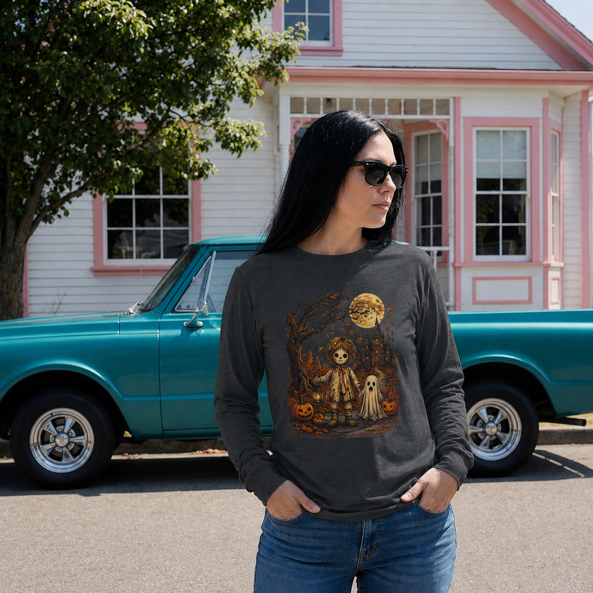 Haunted Night Ghost Tee – Unisex Vintage Spooky Halloween (Long Sleeve)