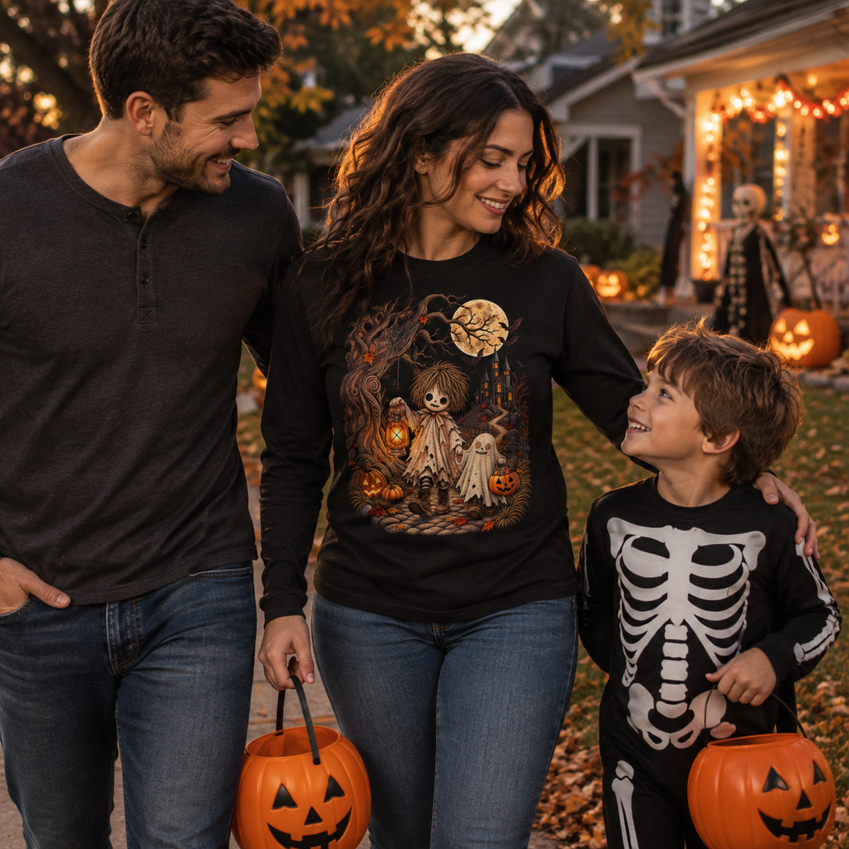 Haunted Night Ghost Tee – Unisex Vintage Spooky Halloween (Long Sleeve)