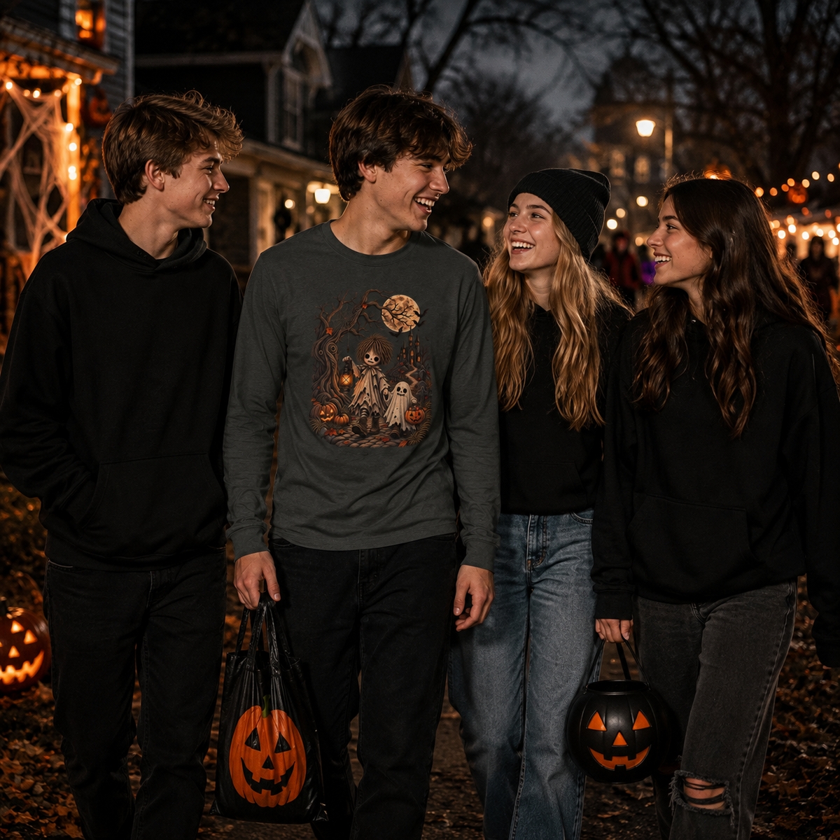 Haunted Night Ghost Tee – Unisex Vintage Spooky Halloween (Long Sleeve)