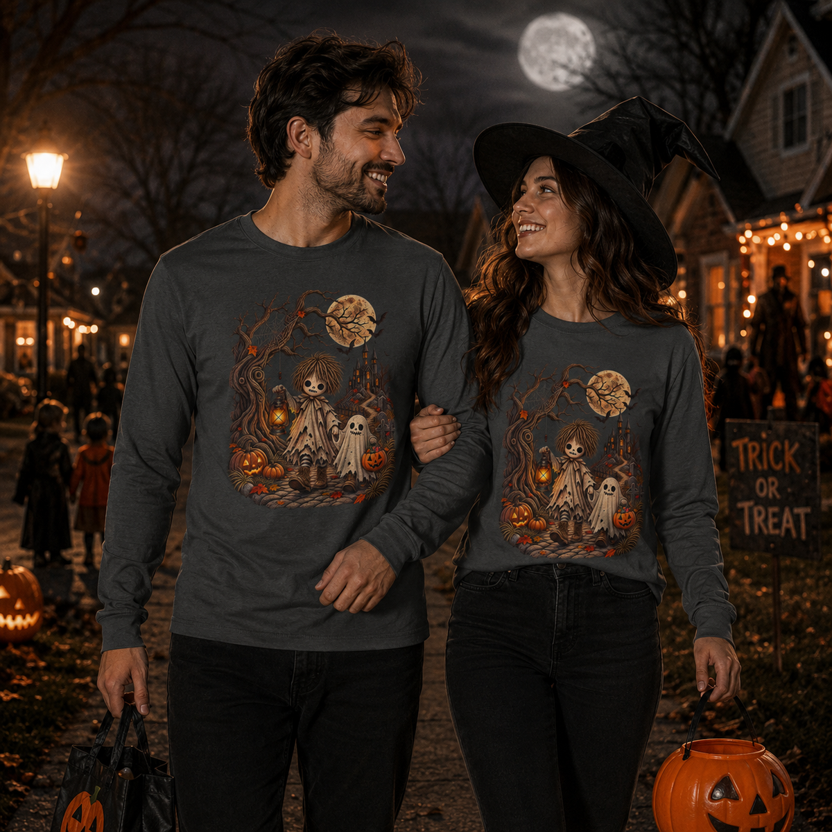 Haunted Night Ghost Tee – Unisex Vintage Spooky Halloween (Long Sleeve)