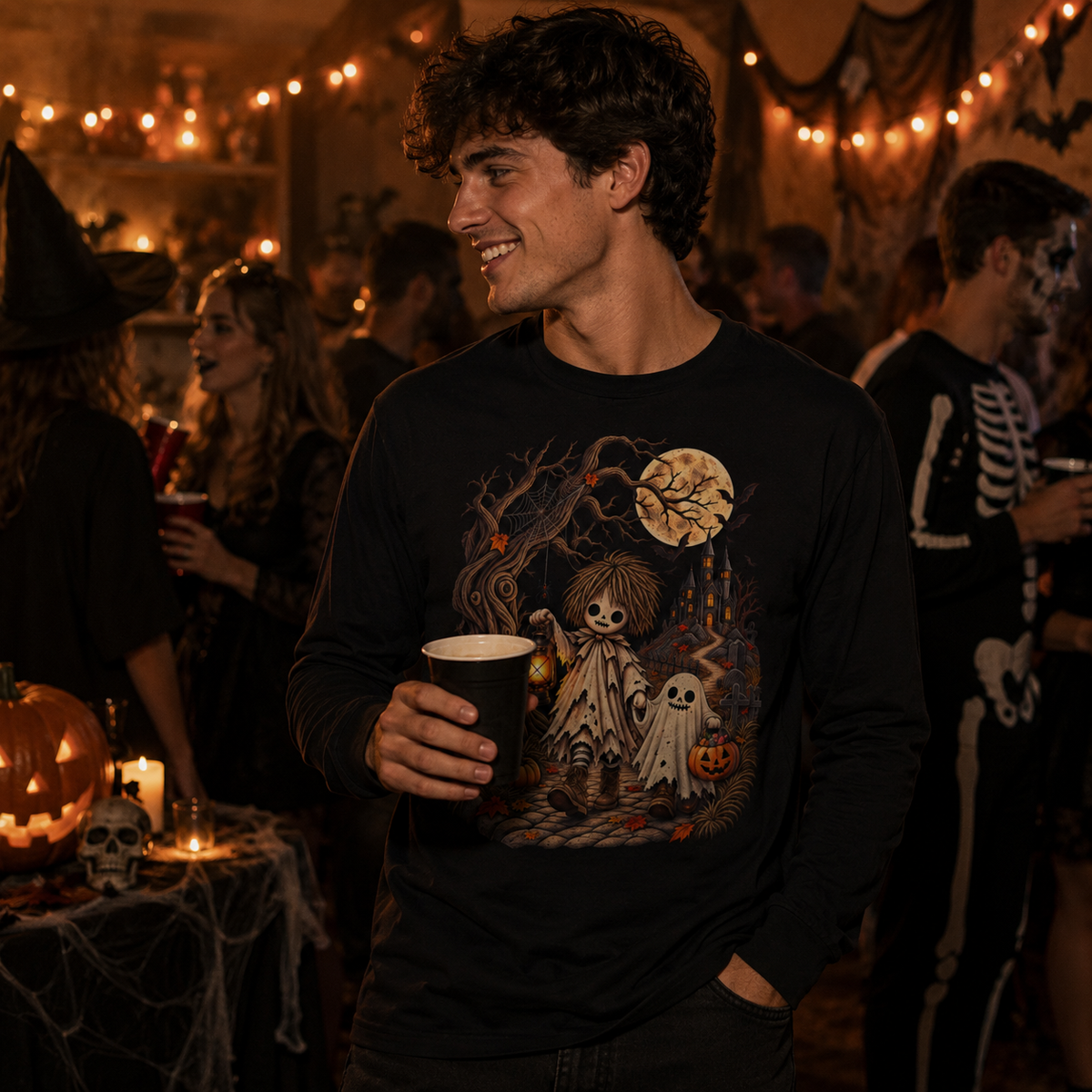 Haunted Night Ghost Tee – Unisex Vintage Spooky Halloween (Long Sleeve)