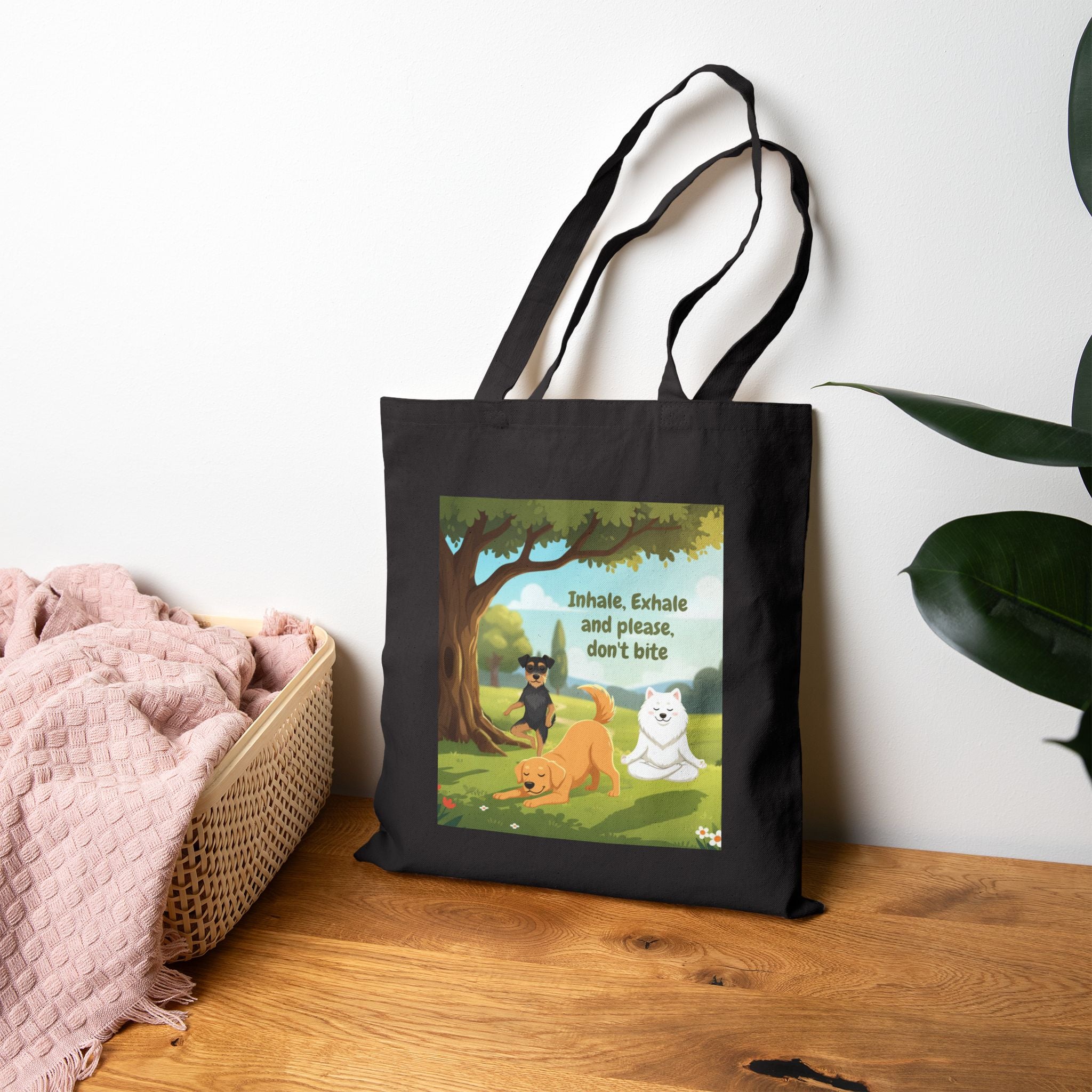 Yoga Cotton Canvas Tote Bag — "Inhale, Exhale and Please Don't Bite" Reusable