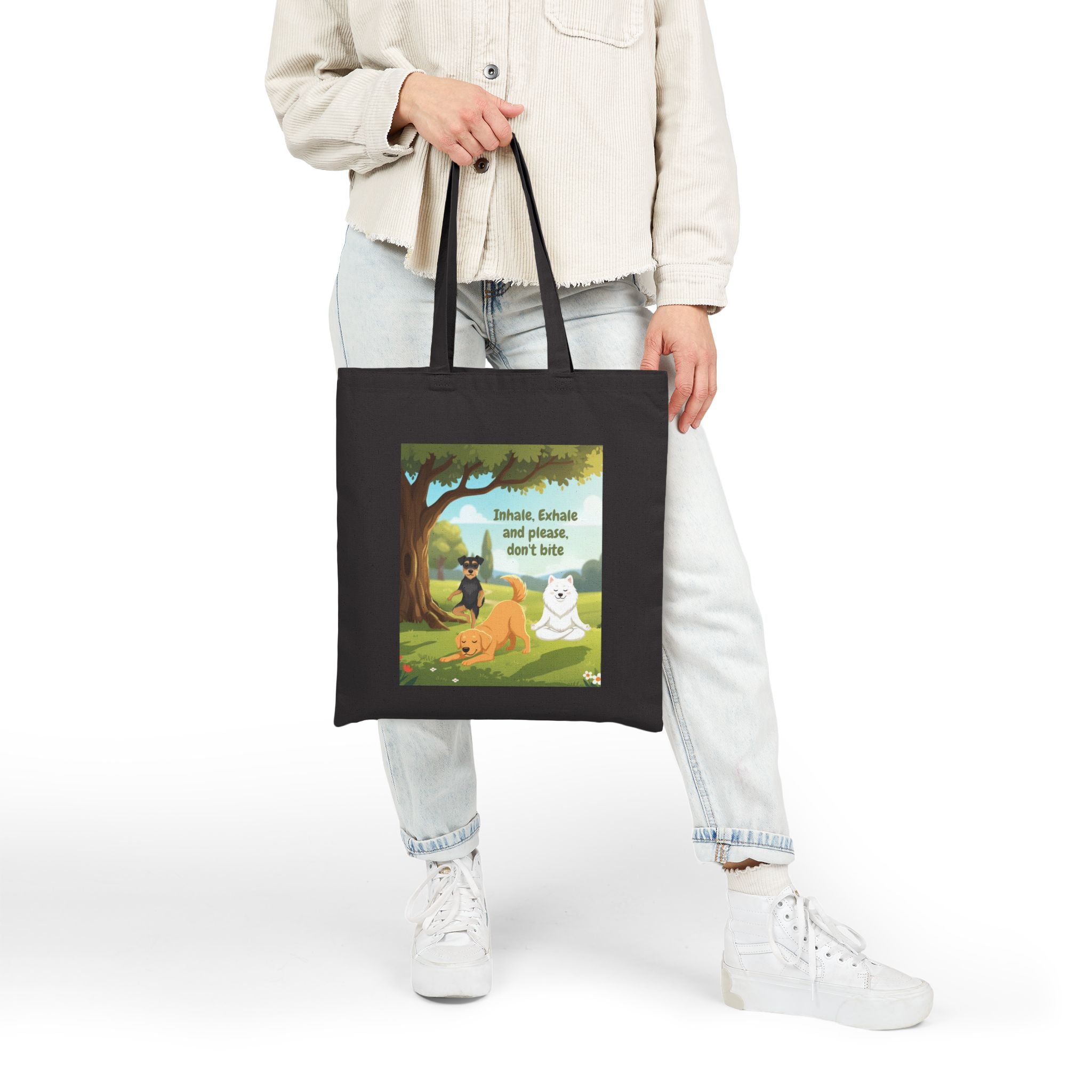 Yoga Cotton Canvas Tote Bag — "Inhale, Exhale and Please Don't Bite" Reusable