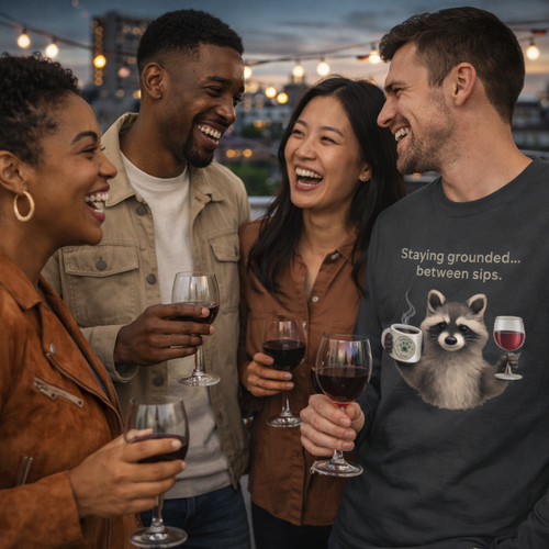Coffee & Wine Long Sleeve Shirt – White Edition (with Raccoon Graphic)