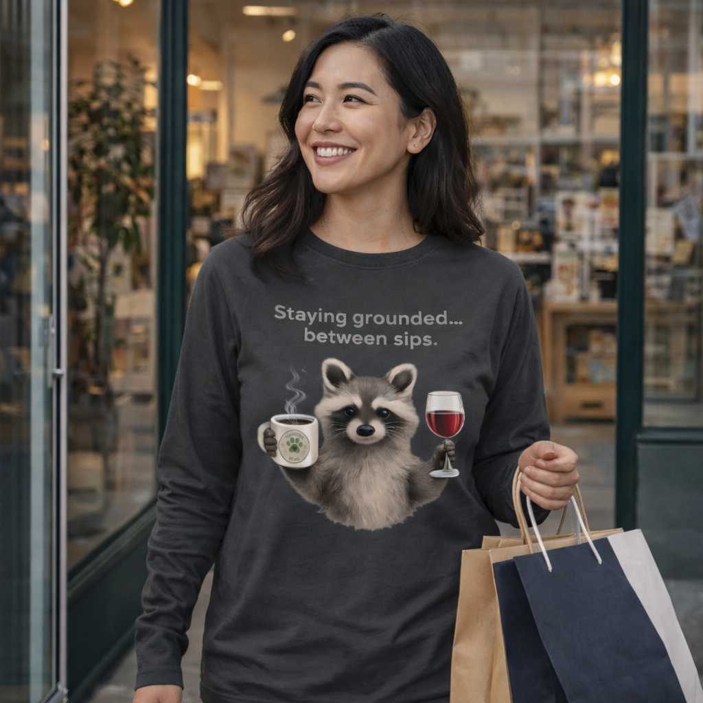 Coffee & Wine Long Sleeve Shirt – White Edition (with Raccoon Graphic)