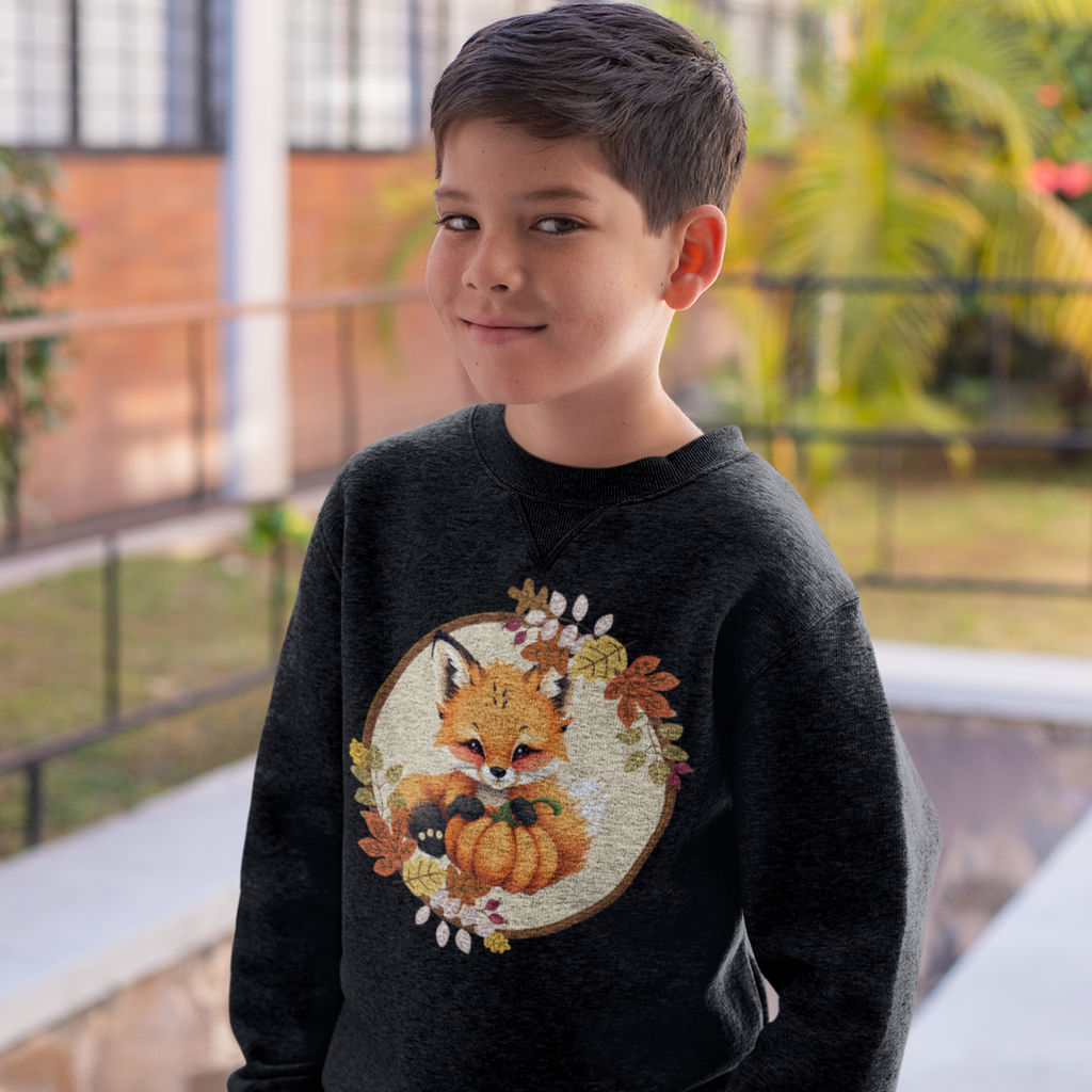 Child wearing a dark sweater with a fox and pumpkin design outdoors.