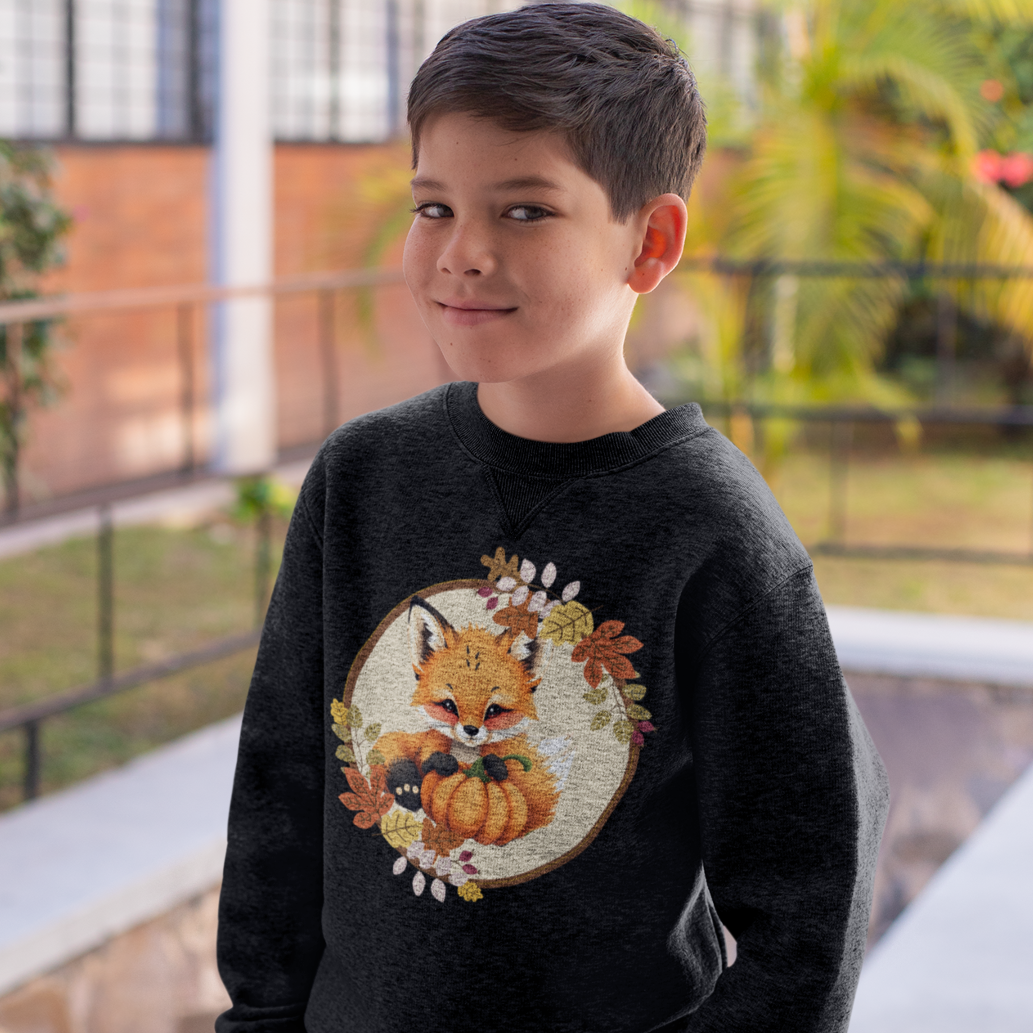 Child wearing a dark sweater with a fox and pumpkin design outdoors.