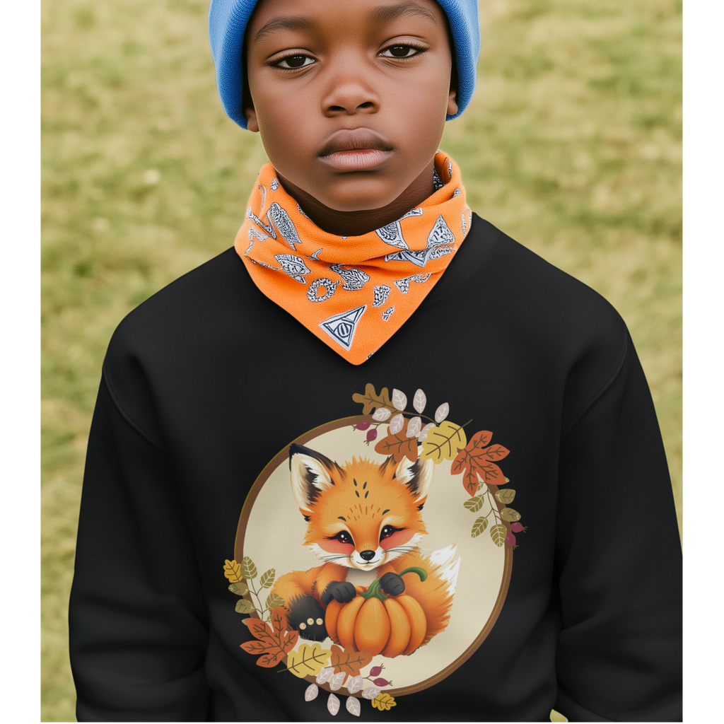Child wearing a black hoodie with a fox and pumpkin design, an orange bandana, and a blue beanie.