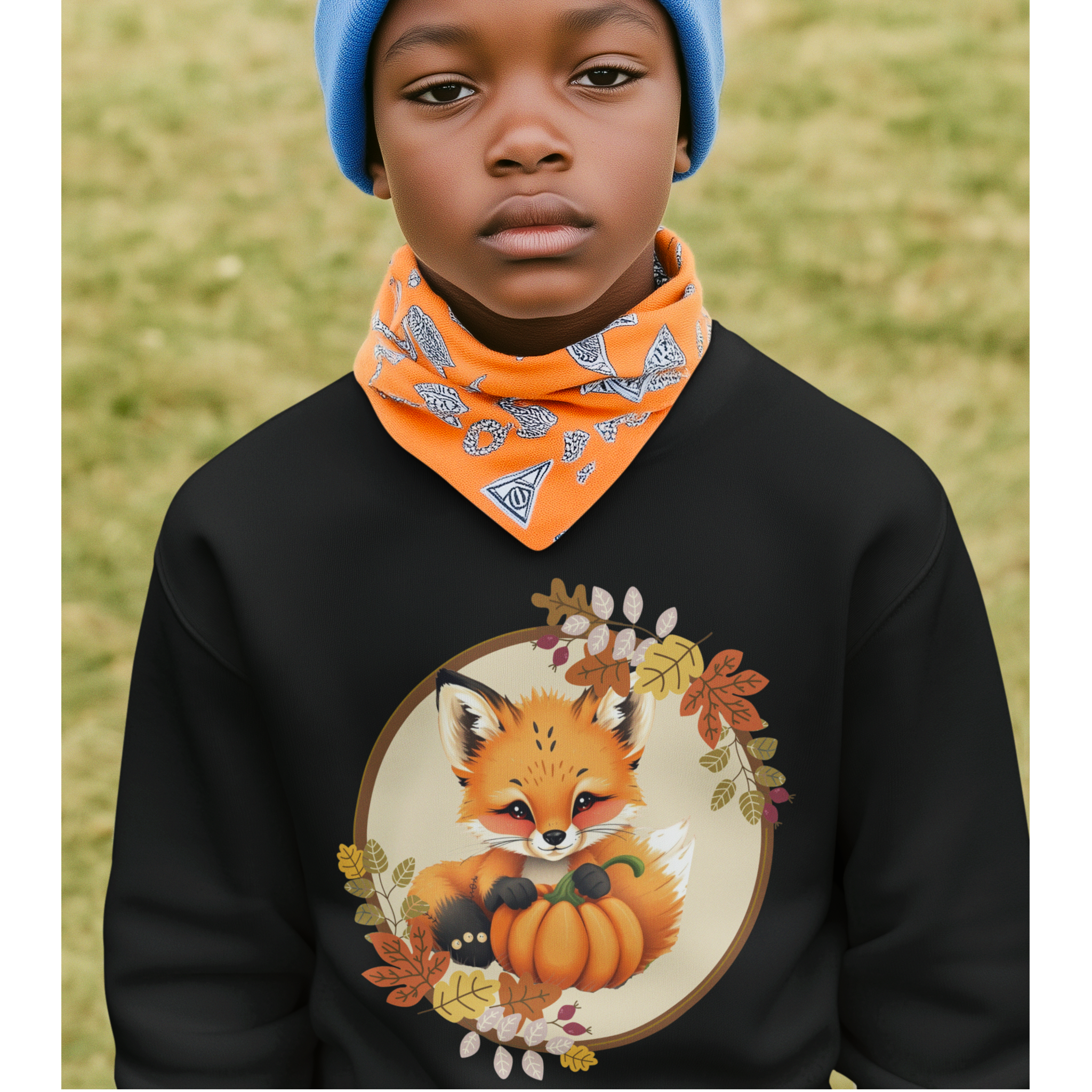 Child wearing a black hoodie with a fox and pumpkin design, an orange bandana, and a blue beanie.