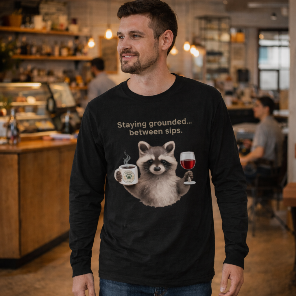 Coffee & Wine Long Sleeve Shirt – White Edition (with Raccoon Graphic)