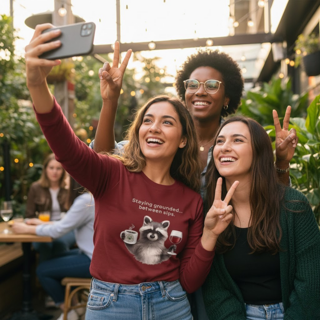 Coffee & Wine Long Sleeve Shirt – White Edition (with Raccoon Graphic)