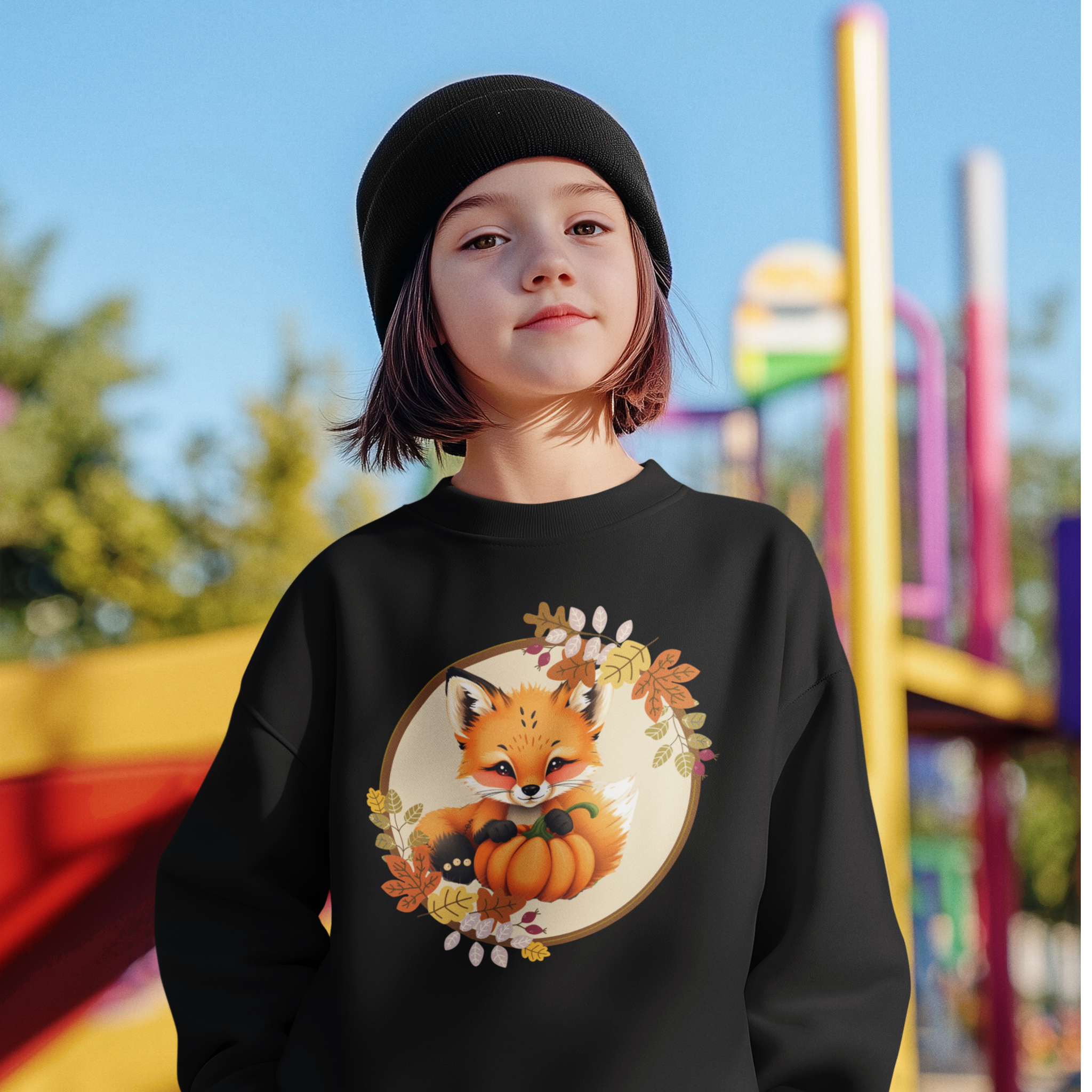 Child wearing a black sweatshirt with a fox and pumpkin design in an outdoor setting.