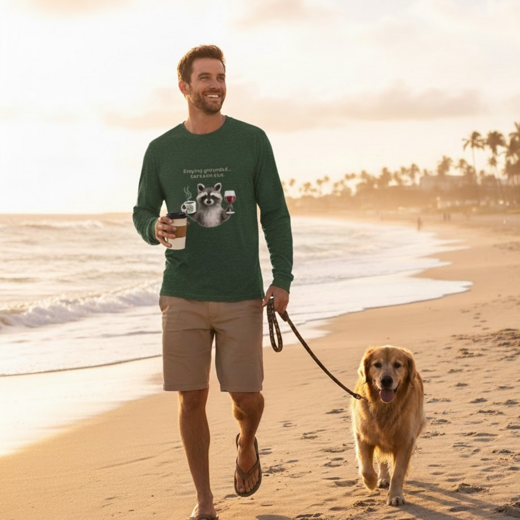 Coffee & Wine Long Sleeve Shirt – White Edition (with Raccoon Graphic)