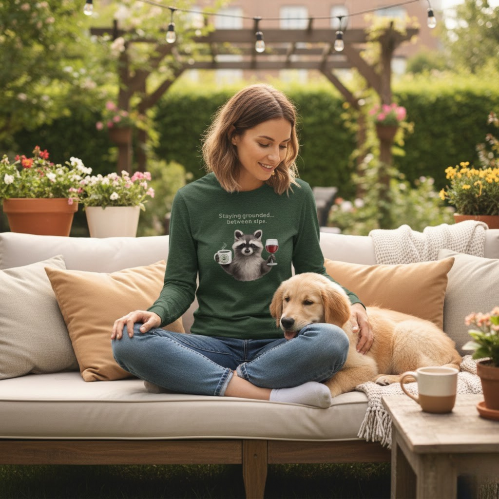 Coffee & Wine Long Sleeve Shirt – White Edition (with Raccoon Graphic)