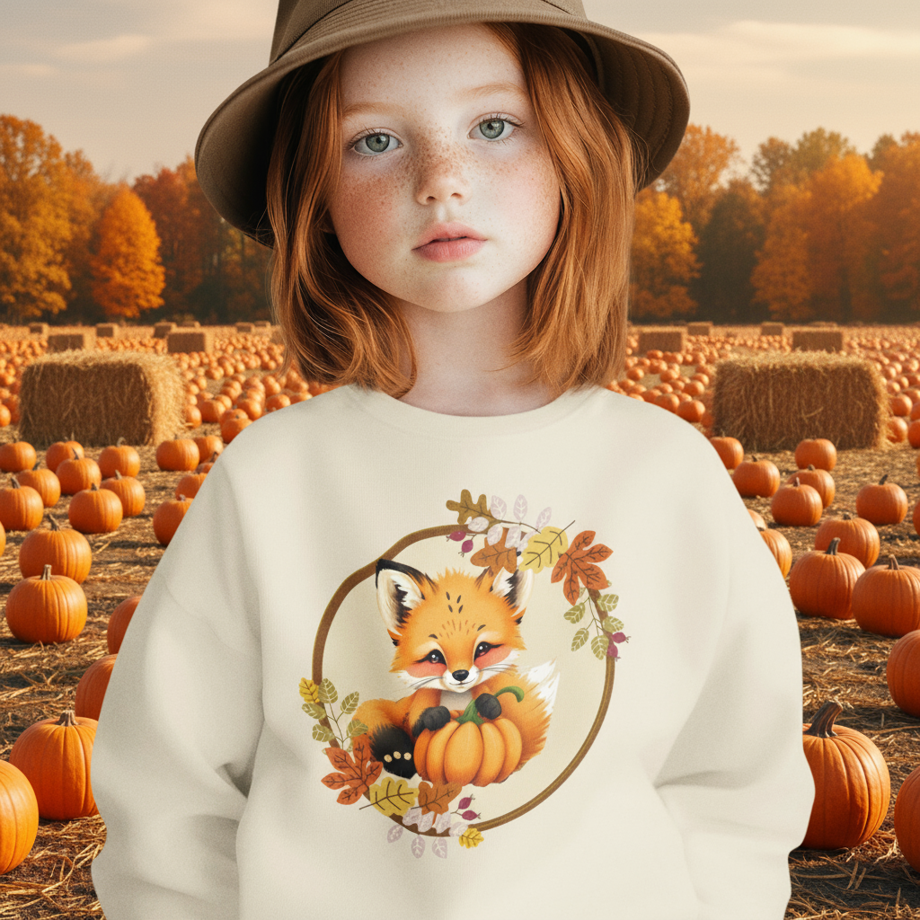 Child wearing a sweater with a fox and pumpkin design on a brown background
