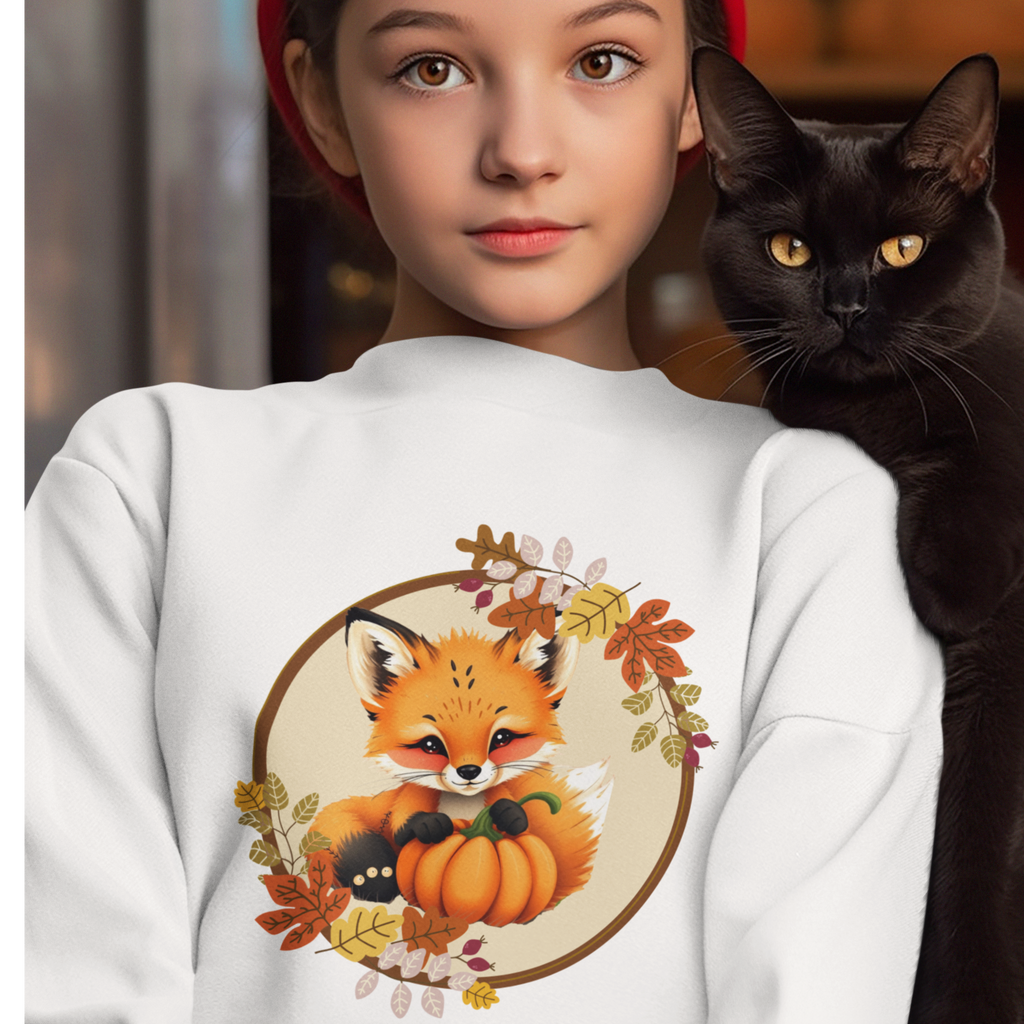 Person wearing a white sweatshirt with a fox and pumpkin design, next to a black cat.