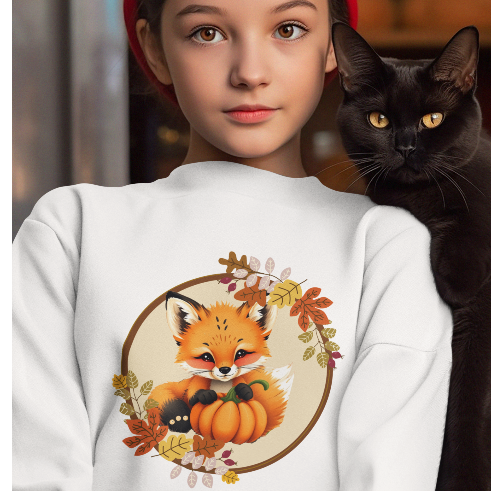 Person wearing a white sweatshirt with a fox and pumpkin design, next to a black cat.