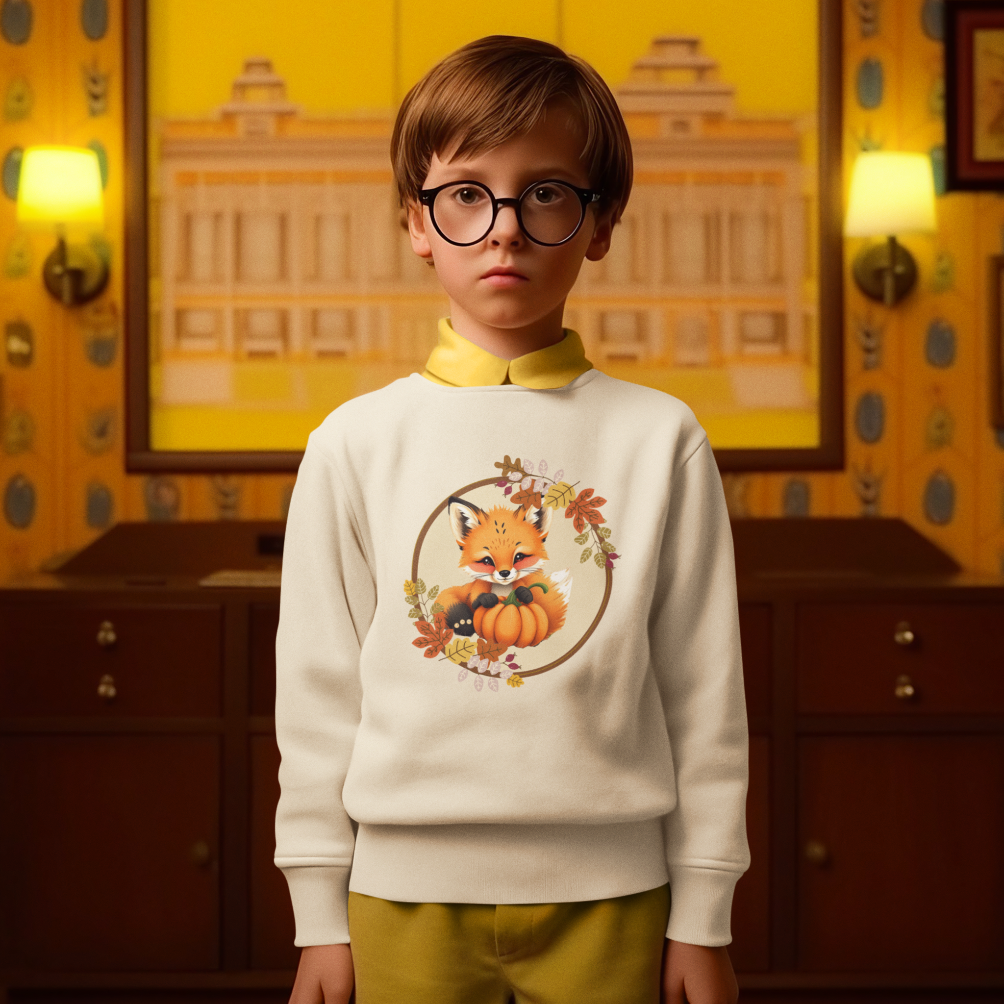 Child wearing a sweater with a fox design in a room with yellow walls and framed pictures.