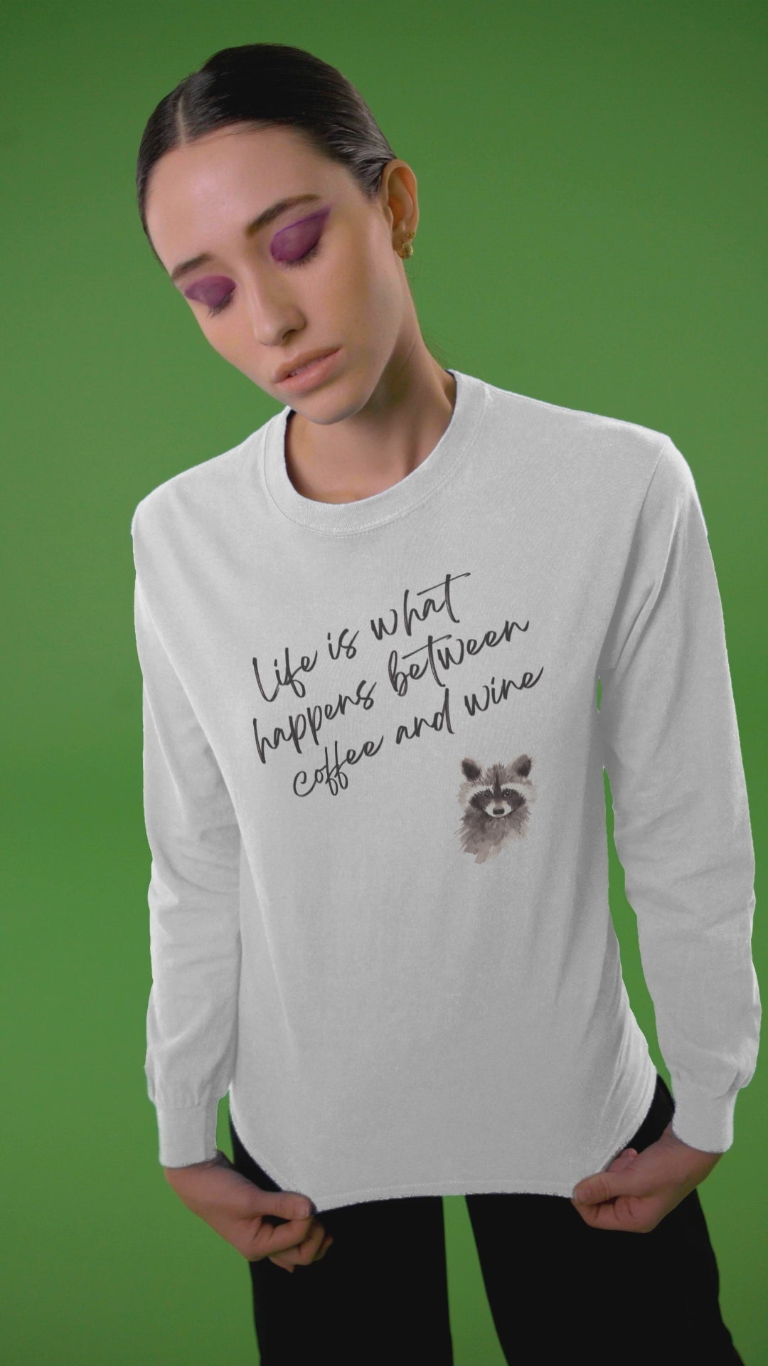 Coffee & Wine Raccoon Long Sleeve T-Shirt - Perfect Gift for Animal Lovers, Unisex Tee, Funny Graphic Shirt, Animal Print Apparel, Cute