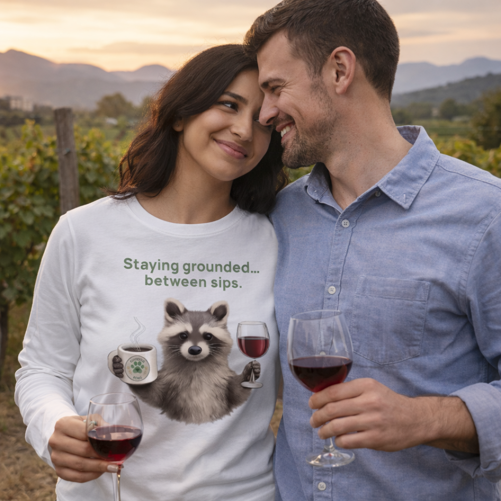 Coffee & Wine Long Sleeve Shirt – White Edition (with Raccoon Graphic)