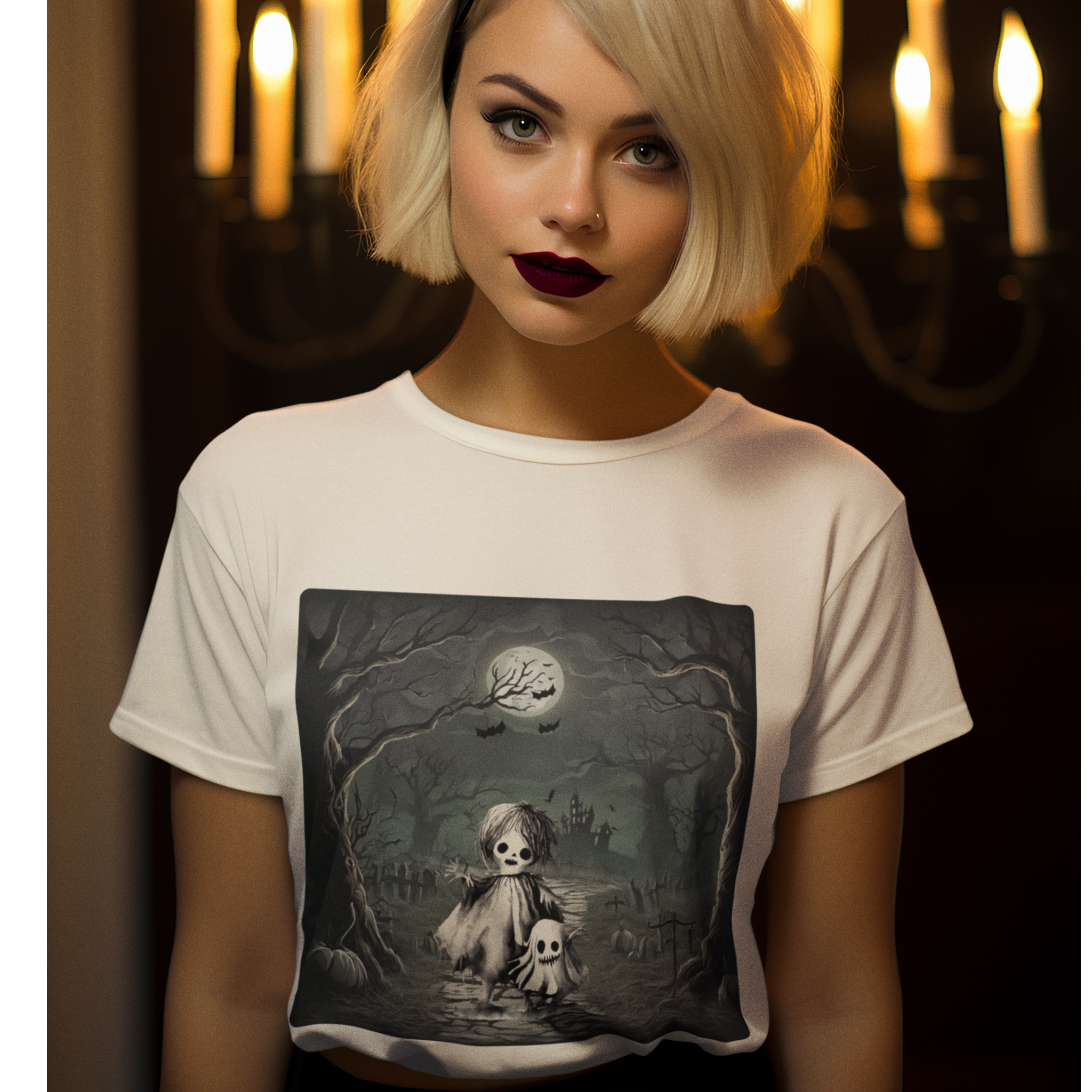 Woman wearing a white t-shirt with a dark graphic design in a candlelit setting